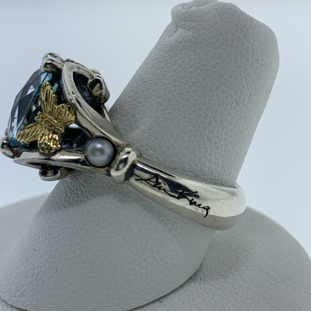 ANN KING Sterling Silver 18k Gold Butterfly Topaz & Pearl Ring Size 8 - Picture 7 of 9